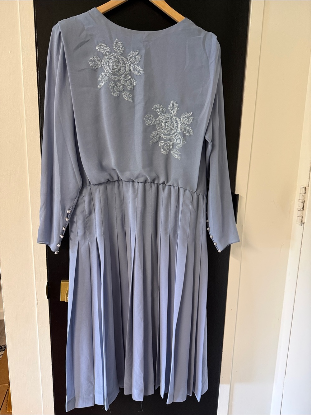 80’s Vintage URSULA OF SWITZERLAND Dress with pleads and foux pearl buttons